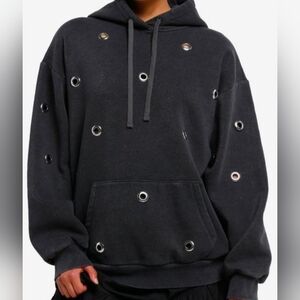 Teddy Fresh Black Pullover Unisex Hoodie Grommet Accents Streetwear Style Size L